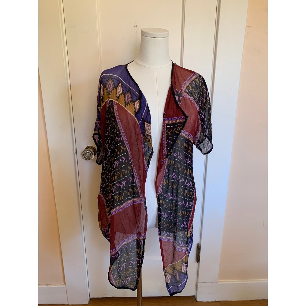 Language 100% Silk Kimono Cardigan Wrap Multi Color Tribal Geometric Print M USA